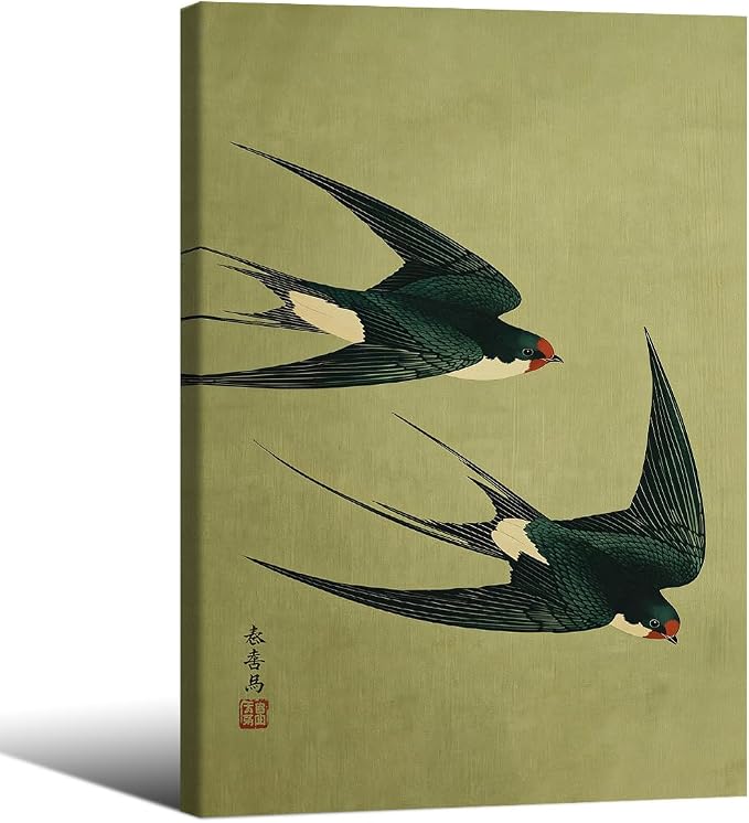 Wrapped Framed Japanese Flying Swallow Wall Art Asian Japandi Bird Animal Poster Nature Vintage Green Canvas Prints for Living Room Bedroom Home Decor 24x36 inch