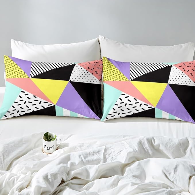 Memphis Duvet Cover Set Twin Size, Geometric Triangle Pattern Comforter Cover with 1 Pillowcase, Retro 80s 90s Fashion Style Bedding Set for Kids Boys Girls Lightweight Bedspread Cover,No Comforter