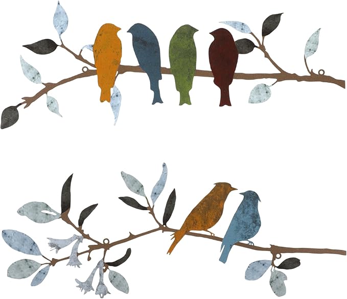 Demissle 2 Pcs Metal Birds Wall Art Decor Vivid Birds on Branch with Leaves Rustic Wall Decor Waterproof Metal Sculpture Hanging Sign for Home Balcony Garden Indoor Outdoor(Stylish Colors)