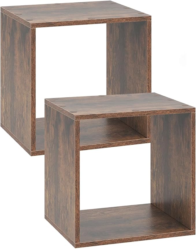 2 Stackable Cubes Bookcase, Wooden Cubby Storage Organizer with Anti-Tipping Device, Small Book Shelf for Small Space, Combination Square Bookshelf Cubes (1, Rustic Brown)