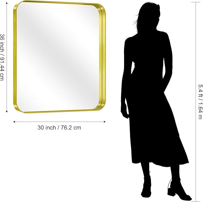 CIRCUMI Gold Bathroom Mirror, 30"x36" Rectangular Mirror with Deep Metal Frame, Rounded Corner, Tempered Glass, Mirror for Wall, Oversink, Bedroom, Installed Vertically/Horizontally, Crystal-Clear