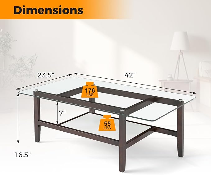 Tangkula Glass Coffee Table, 42” 2-Tier Rectangular Center Table with Storage Shelf & Solid Rubber Wood Legs, Modern Cocktail Table for Living Room, Home Office (Brown, 42" x 23.5")