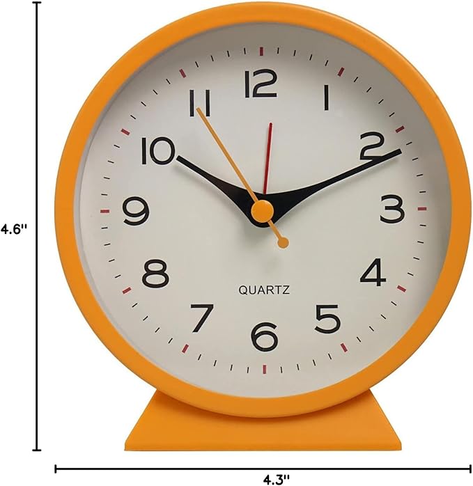 SHISEDECO 4.5" Battery Operated Antique Retro Analog Alarm Clock, Small Silent Bedside Deskclock with Light Function, Non-Ticking Tableclock Decor for Living Room, Bedroom, Bedside, Shelf (Orange)