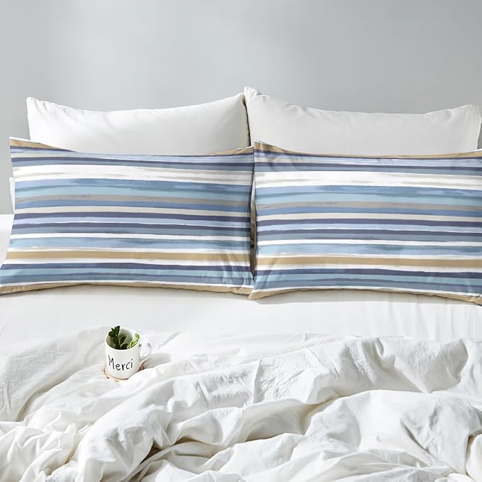 Erosebridal Brown Navy Beige Comforter Cover White Teal Grey Bed Set, Aesthetic Striped Duvet Cover Twin Size Wave Line Bedding Sets, Grunge Minimalism Bedspread Cover Lightweight