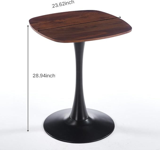 23.62 inches Walnut Square Side Table for 2, Special Kitchen Table with Tulip Shape & Metal Pedestal Base, Mid Century Modern Bistro Tulip Table for Bar, Small Space, Cafe