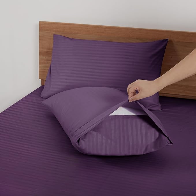 Mejoroom Striped King Size Bed Sheet Set - Hotel Luxury 1800 Bedding Sheets & Pillowcases - 15" Deep Pocket Fitted Sheet, Soft, Breathable, Wrinkle & Fade Resistant - 4 Piece(Purple)