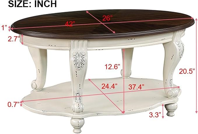 42'' Oval Wood Coffee Table for Living Room, Mid Century Farmhouse Circle Coffee Tables for Apartment, Easy Assembly Traditional Coffee Table Centre Table Retro Cocktail Table, Beige&Cherry