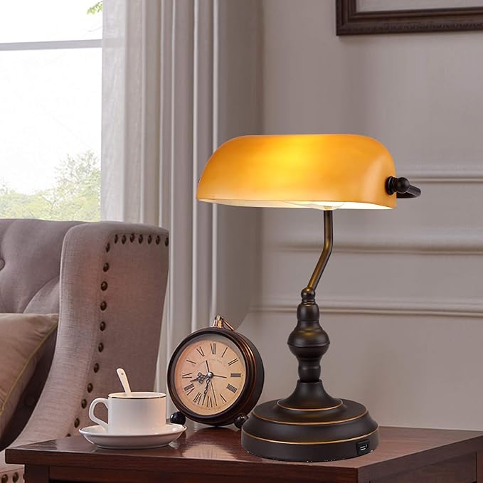 Banker Desk Lamp Touch Control, Vintage Banker's Desk Lamp with USB Port, 3 Way Dimmable Desk Lamps, Farmhouse Library Lamp Oil Rubbed Bronze for Office, Study Room