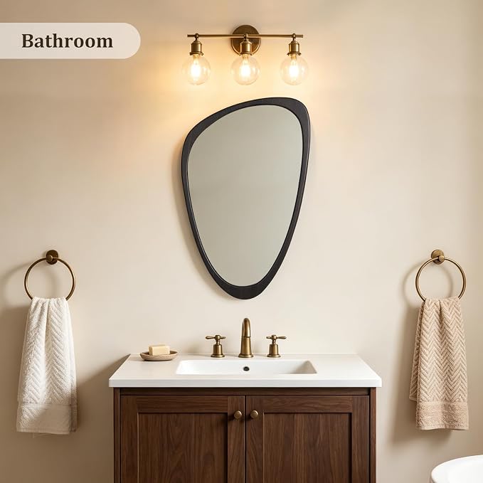 HOMECOOKIN 30" H x 19" W Asymmetrical Mirror, Irregular Wooden Wall Mirror for Bedroom, Living Room,Entryway– Mid-Century Modern Decorative Mirror, Solid Wood Frame, Pebble Shaped Design (Dark Brown)
