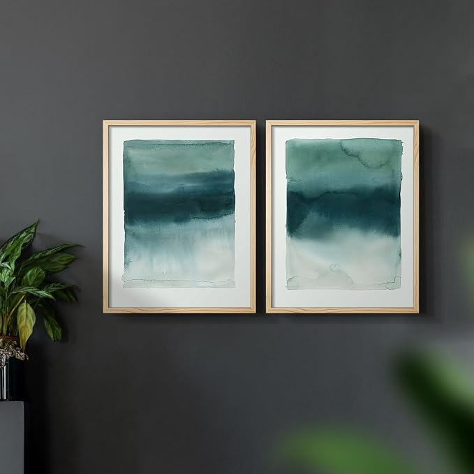 Renditions Gallery Set of 2 Peel & Stick Framed Prints, Tie Dye Abstract Wall Art, Sage Green Watercolor Horizon Wall Decor, Re-Stickable - Ready to Hang - 8"x10" - NATURAL WOOD Frame LT588