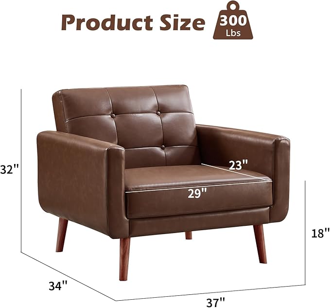 CANMOV 29" W Oversized Leather Accent Chair, Armchair Button Back, Mid Century Modern Accent Chairs for Living Room, Modern Upholstered Bed Room Chair Cozy Armchair with Wood Legs, Brown