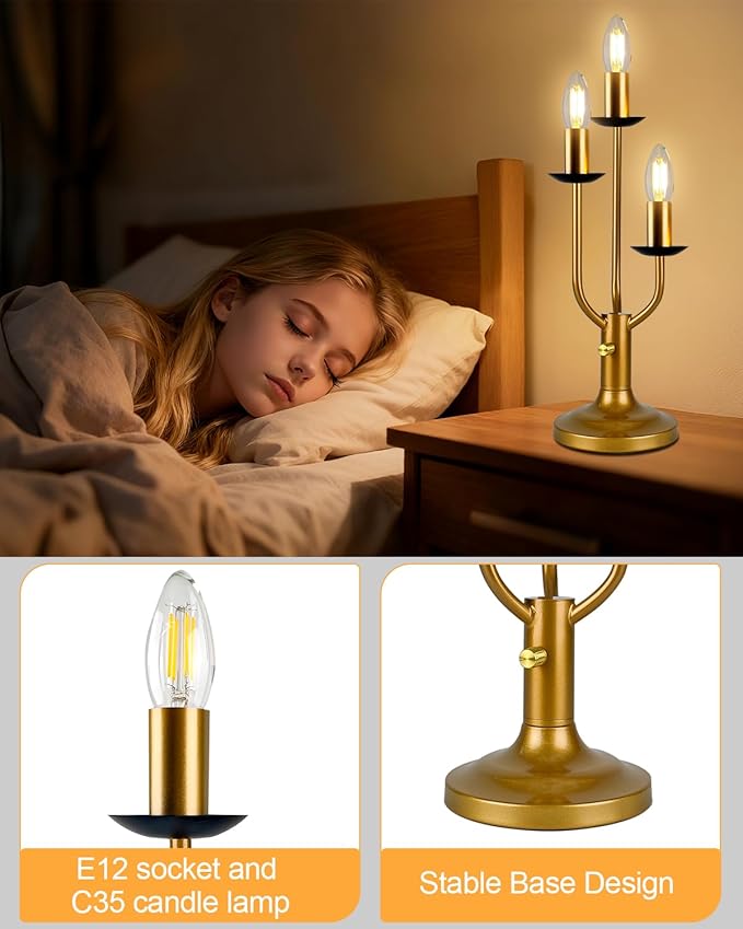 3-Light Dimmable Candelabra Table Lamp with LED Bulbs Included, Vintage Industrial Gold Metal Desk Lamp, Retro Candle Nightstand Light for Bedroom, Living Room, Office, Cafe Decor