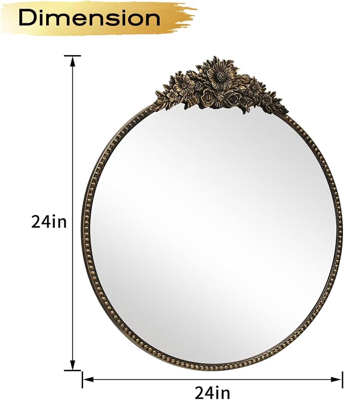 Round Baroque Style Antique Mirror, 24" Metal Circle Vintage Wall Mounted Decorative Mirror for Entryway,Bathroom,Vanity, Retro Black
