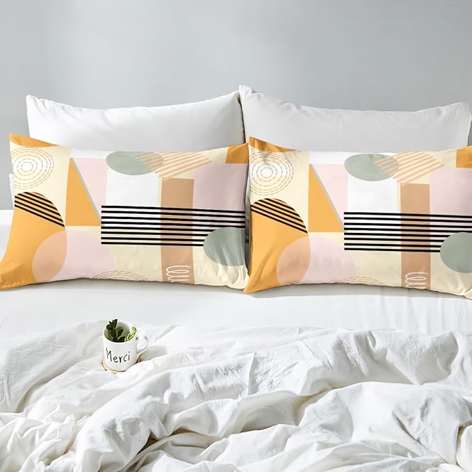 Erosebridal Pink Yellow Abstract Queen Comforter Cover for Kids Teens Girls | Colorful Geometric Duvet Cover Minimalist Circle Modern Bed Set Boho Contemporary Aesthetic Bedding Set