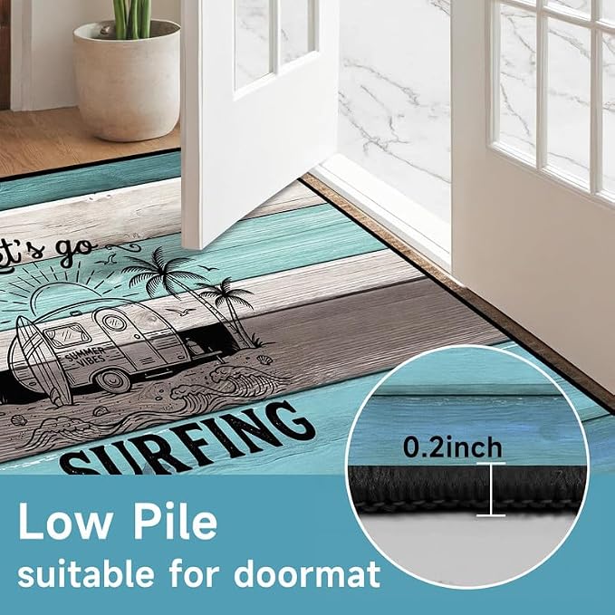 Surfing Area Rug Beach Van Palm Tree Carpet Retro Wood Grain Striped Rugs Non Slip Washable Floor Mat for Entryway Bedroom Living Room Nursery Playroom Home Decor,3'x5'