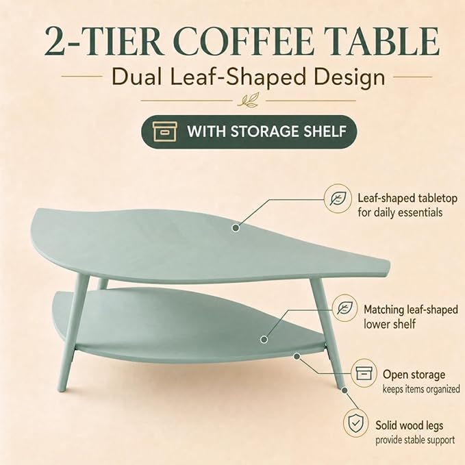 Small Coffee Table with Storage,Unique Leaf Handcrafted Marquetry,Mid Century Modern Oval Wooden Coffee Table,Natural Oak Veneer,Solid Wood Legs,for Living Room,Apartment(Sage Green)