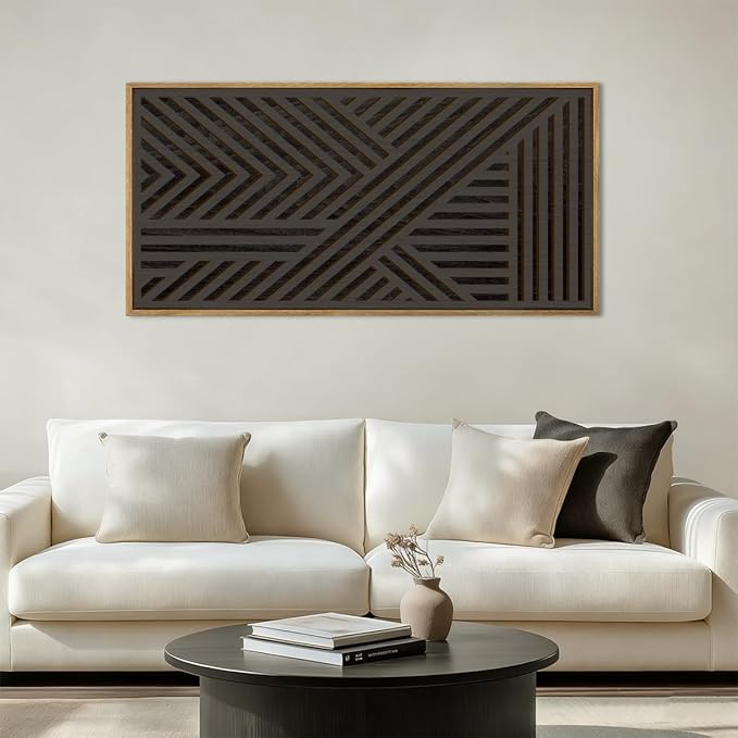 IARTTOP Large Black Framed Wood Wall Art for Living Room Abstract Modern Wooden Wall Decor Neutral Geometric Wall Sculpture Bedroom Office 20x40 Inch