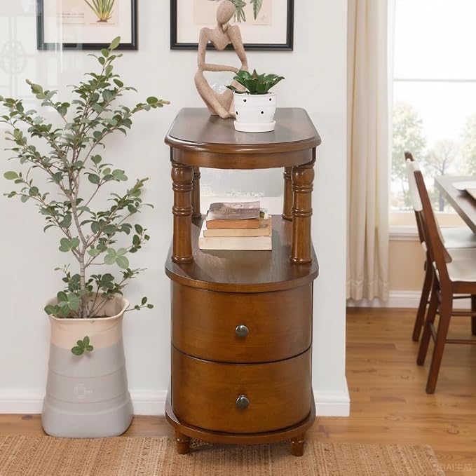 Biaco Set of 2 Solid Wood End Tables with 2 Drawers - Caramel Brown Mid-Century Modern Side Tables, Full Assembly Nightstand Bedside Tables for Living Room/Office (23.4" Dx11.4 Wx25.3 H) BG-A508-MG