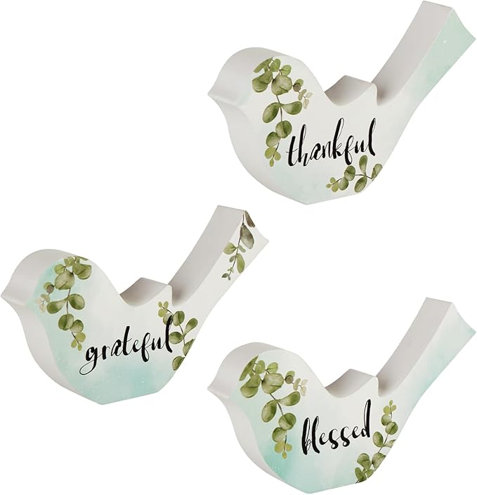 Rustic Wooden Bird Figurines – Set of 3 Inspirational Tabletop Décor with Words, Thankful, Blessed, Grateful