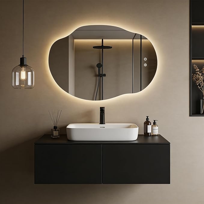 LED Bathroom Mirror with Lights, Asymmetrical Irregular Backlit Vanity Mirror, 35" H x 25" W, Anti-Fog, Dimmable 3 Color Temperature, Memory Function, Hardwired Wall Mounted, Horizontal or Vertical