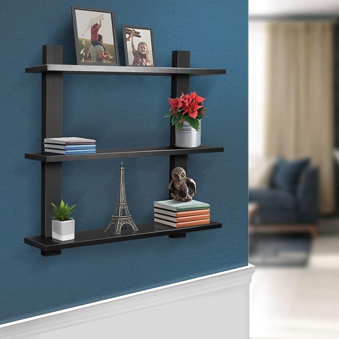 Sorbus Bathroom Shelves - 3-Tier Wall Mounted Floating Shelves for Books, Trophies, Wall Decor, Kitchen, Living Room & Bathroom Decor - Decorative Hanging Display Over the Toilet Storage Shelf - Black