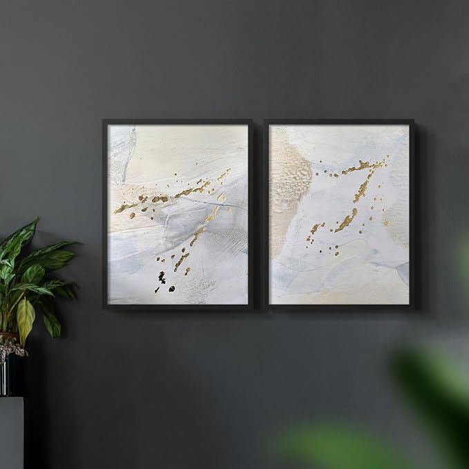 Renditions Gallery Set of 2 Peel & Stick Framed Prints, Modern Abstract Wall Art, Gold Sprinkle Oil Painting Wall Decor, Re-Stickable - Ready to Hang - 22"x28" - Black Frame LT588