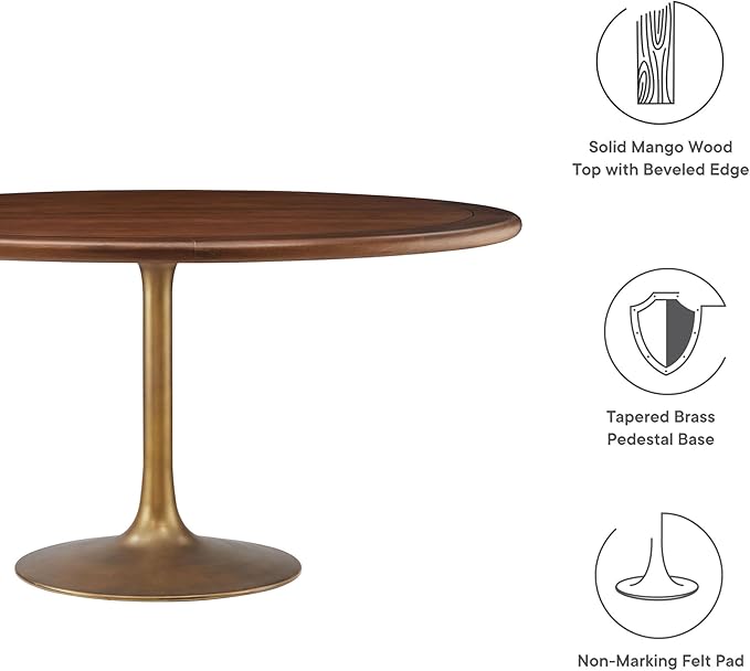 Modway Lippa 60 Inch Round Wood Dining Table with Metal Pedestal in Brass Walnut - Modern Industrial Dining Table for 6 People - Solid Wood Tulip Kitchen Table
