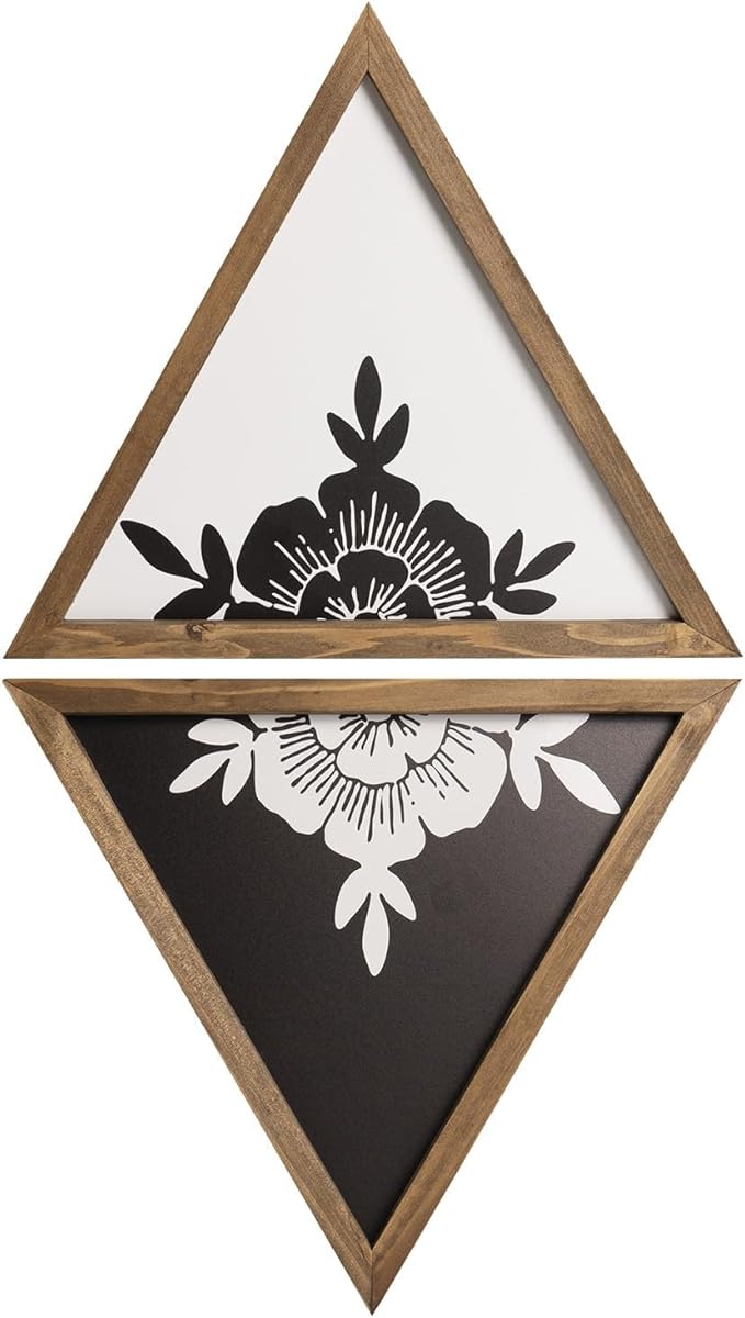 flangairy Floral Wall Decor Wooden Botanical Wall Art Framed Boho Wood Geometric Triangles Black White Bedroom Bathroom Room Home Decorations