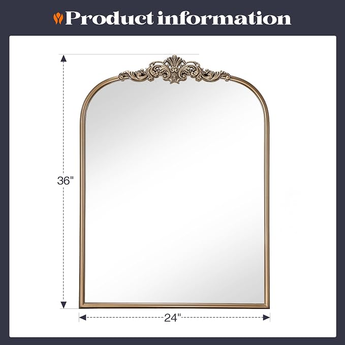 Gold Vintage Mirror, 24” x 36” Arched Gold Antique Mirror for Fireplace Mantel, Baroque Brass Bathroom Mirrors for Wall with Ornate Metal Frame for Entryway, Bedroom, Living Room