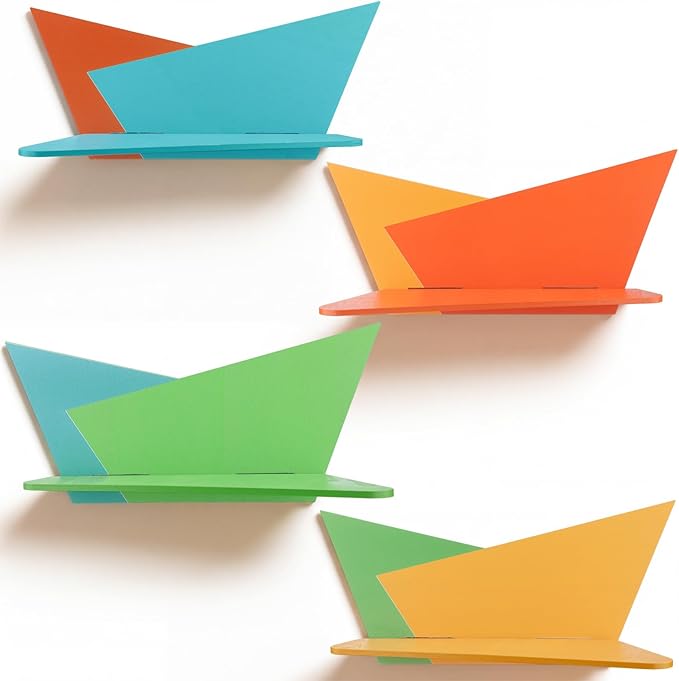 Threehoney Mid-Century Modern Wall Set of 4 Colorful Floating Display Shelves Retro Style Starburst Wall Mounted Shelves Storage for Bedroom, Living Room Decor(Folding Geometry)