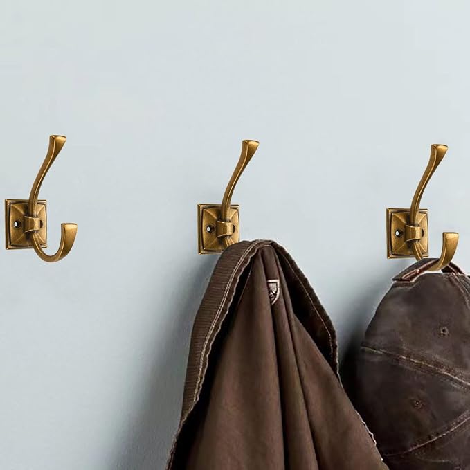 3 Pack Decorative Heavy Duty Towel Hooks for Hanging Robe Double Vintage Antique Brass Coat Hooks Wall Mounted with Screws for Key, Towel, Bags, Cup, Hat