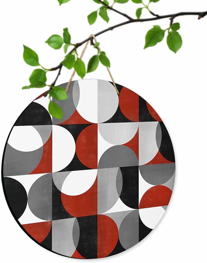 Welcome Sign for Front Door Mid Century Geometric Wood Door Hanger for Outdoor Outside Porch,10 Inch Round Wooden Wreath Indoor Wall Hanging Decoration, Abstract Modern Red