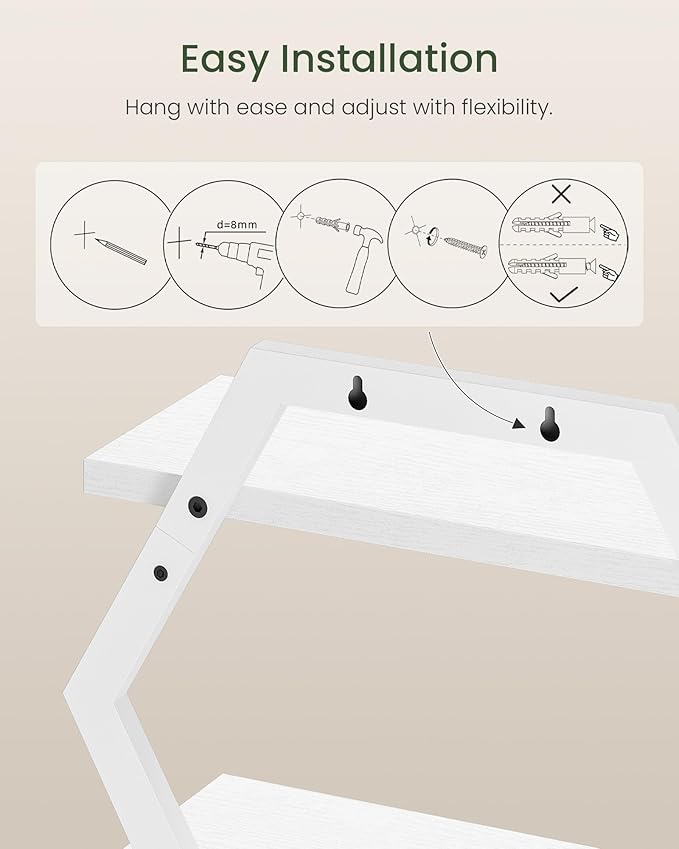 CHOEZON Hexagon Floating Shelves for Wall, Set of 2, 2 -Tier Hanging Shelves, Wall Mounted Storage Shelves, for Living Room, Bedroom, Kitchen, Home Office, Study, White TBJ06P2WB