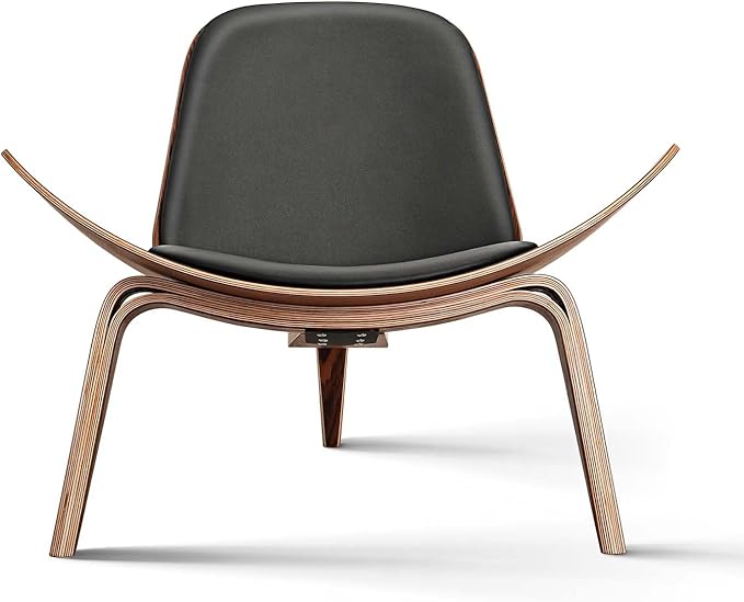 Mid Century Modern Shell Lounge Chair, PU Leather, Tripod Plywood Classic Design Solid Wood Accent Chairs for Living Room, Reading, Lounge, Office, Salon