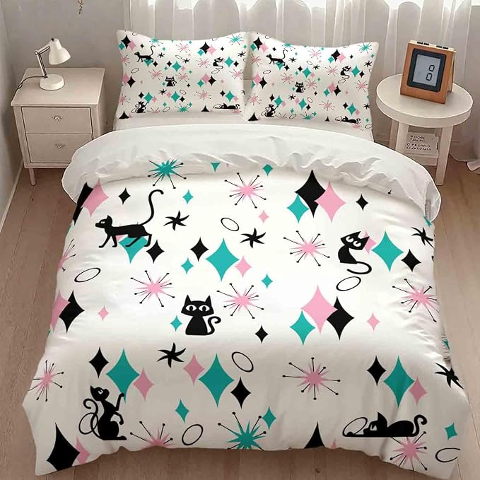 Geometry Modern Bedding Set,Mid Century Black Cat Abstract Atomic Geometric Vintage 1950s 1960s Pattern Print Yellow Comforter Set with Pillowcase for Bedroom Bed Decor,King 102"x90"