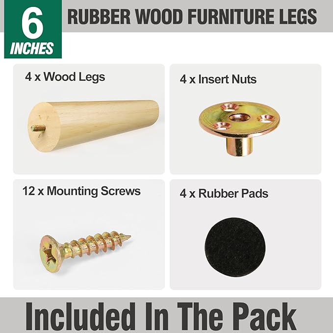 FoDau770 Rubber Wood Furniture Legs 6 Inches, Slant Tapered Wood Feet Mid Century Sofa Legs Set of 4, 5/16" UNC Furniture Feet Replacement Parts for Cabinet Couch Dresser Chair Ottoman Table