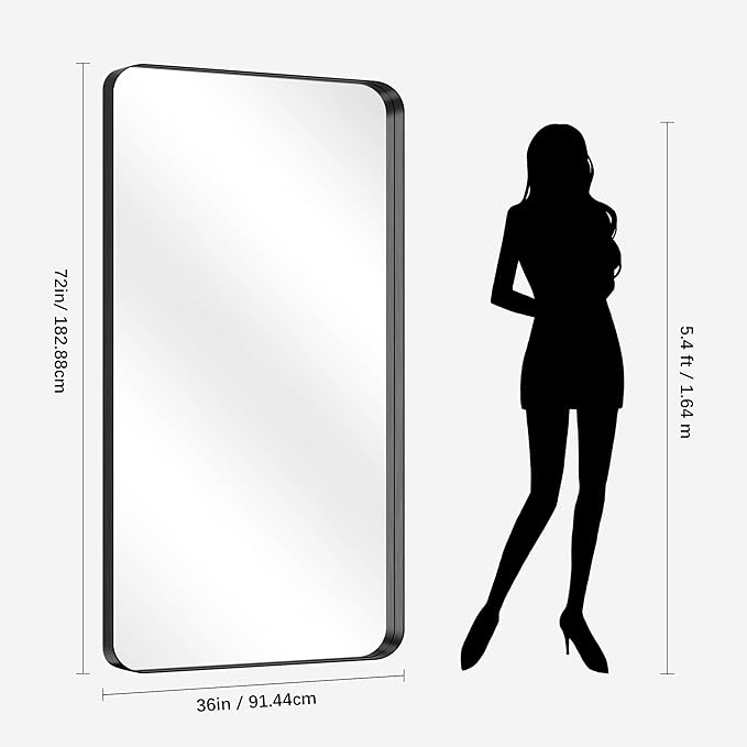 CIRCUMI Black Bathroom Mirror, 36"x72" Rectangular Mirror with Deep Metal Frame, Rounded Corner, Tempered Glass, Large Mirror for Wall, Over 2 Sinks, Installed Vertically/Horizontally, Crystal-Clear