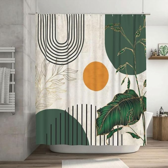 Boho Shower Curtains Abstract Modern Plant Botanical Minimalist Gold Leaf Arch Sun Pattern Duty Fabric Shower Curtain Set Bathroom Polyester Waterproof with 12 Hooks,72x72Inch（183x183cm）