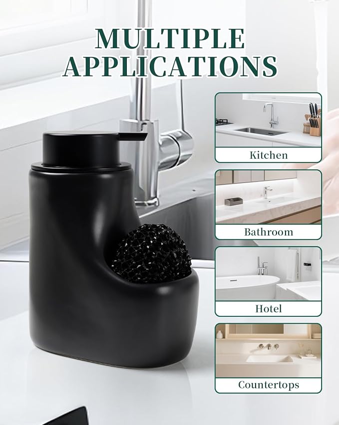 Ceramic Lotion Dispenser - 12 oz Bathroom Hand Pump Dispenser Hand Dish Soap Dispenser Bottles Black Pump Dish Liquid Dispenser for Kitchen… (Ceramic, Black Lotion with Sponge)