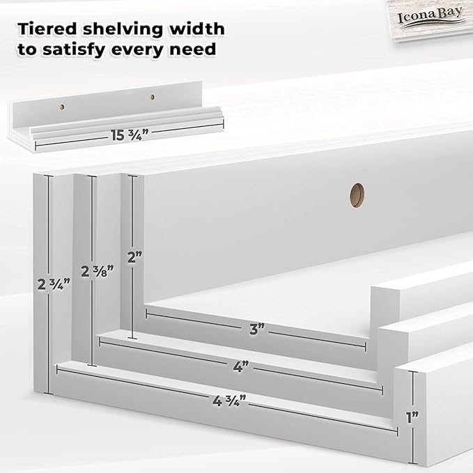 Icona Bay 16 Inch Floating Shelves for Wall - Set of 3 in Powder White - Modern Rustic Style - Wall Mounted Display Shelves - Picture Ledges