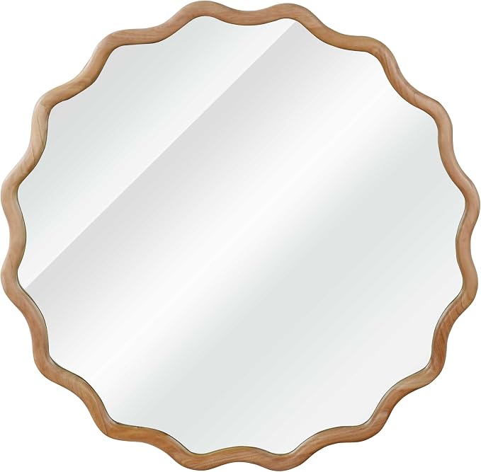 30 Inch Wooden Wavy Round Wall Mirror, Modern Solid Wood Frame Circle Decorative Accent Mirror for Bedroom, Bathroom, Living Room, Entryway, Natural Wood Color