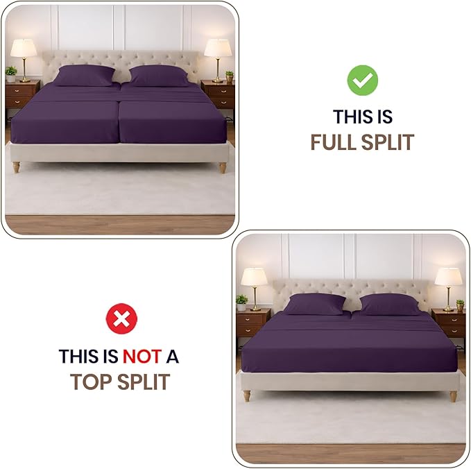 SGI Split King Sheet Set for Adjustable Bed Egyptian Premium Cotton 600 Thread Count Sheets for Sleep Number Bed 15" Deep Pocket 5 Pc Set with 2 Twin XL Fitted Sheets Soft Breathable -Plum