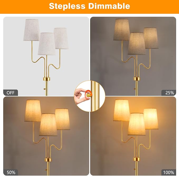 9MMML Farmhouse Gold Dimmable Floor Lamp, Rustic 3-Light Floor Lamp with Fabric Shade, 68'' Tall Floor Standing Lamp for Living Room, Bedroom, 3 x E26 LED Bulb Included