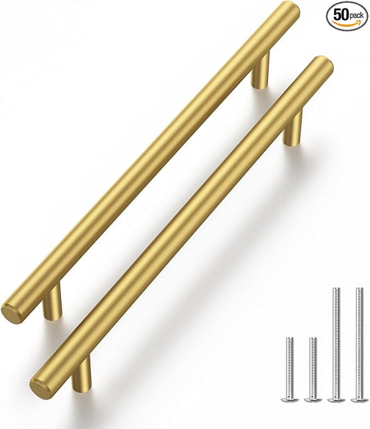 Haliwu 50 Pack Cabinet Handles Brass Gold Cabinet Pulls 5 Inch Hole Center Drawer Pulls Modern Bar Dresser Handles for Bathroom Kitchen Bedroom
