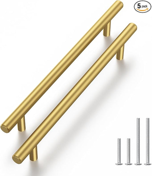 Haliwu 5 Pack Cabinet Handles Brass Gold Cabinet Pulls 5 Inch Hole Center Drawer Pulls Modern Bar Dresser Handles for Bathroom Kitchen Bedroom