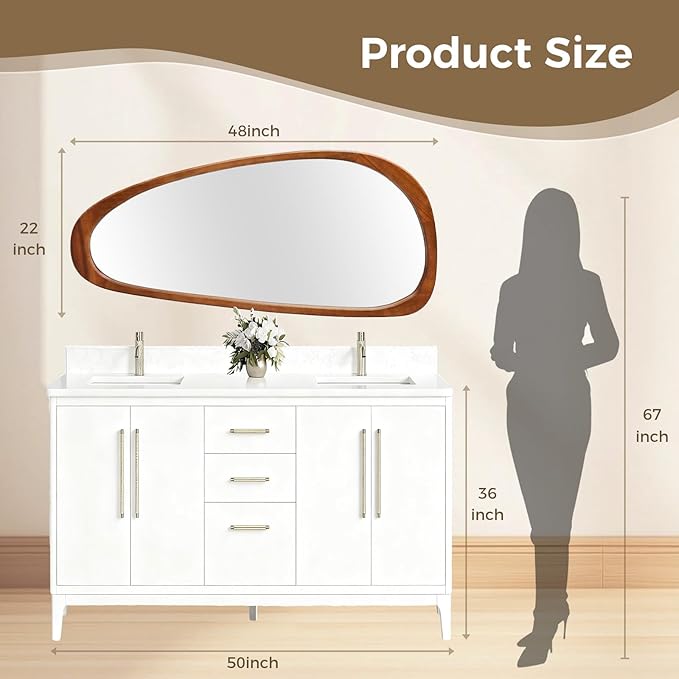 Asymmetrical Wall Mirror with Paulownia Wood Frame, Large Abstract Design for Boho and Mid Century Modern Spaces, Statement Piece for Entryway Living Room Hallway Bedroom 48" H x 22" W