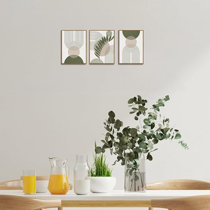 Bwodke Boho Wall Art, Framed Abstract Wall Art, Sage Green Canvas Wall Decor, Mid Century Line Leaf Geometric Pictures Set of 3, Minimalist Paintings, for Bedroom Living Room Bathroom 12"x16"