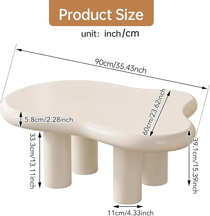 Guyii Cloud-Shaped Coffee Table, Modern Sofa Table with 4 Legs, Cream White Center Table, Small Irregular Tea Table for Living Room, Easy Assembly (White)