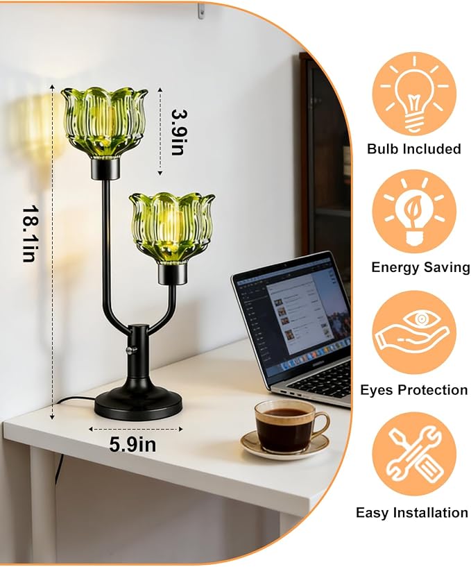 Lightdot Vintage Green Glass Table Lamp for Bedroom Dimmable Mid Century Modern Desk Lamp Black Flower Nightstand Lamp 2 Bulbs Included Warmwhite Ambient Bedside Lamp for Living Room Home Office Decor