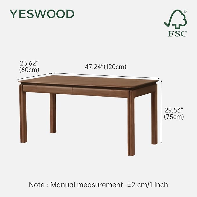 YESWOOD 100% Solid Wood Desk, Mid Century Modern Walnut Color Home Office Desk, Sturdy Computer Desk Writing Desk with 2 Drawers for Study Living Room 47.24" W